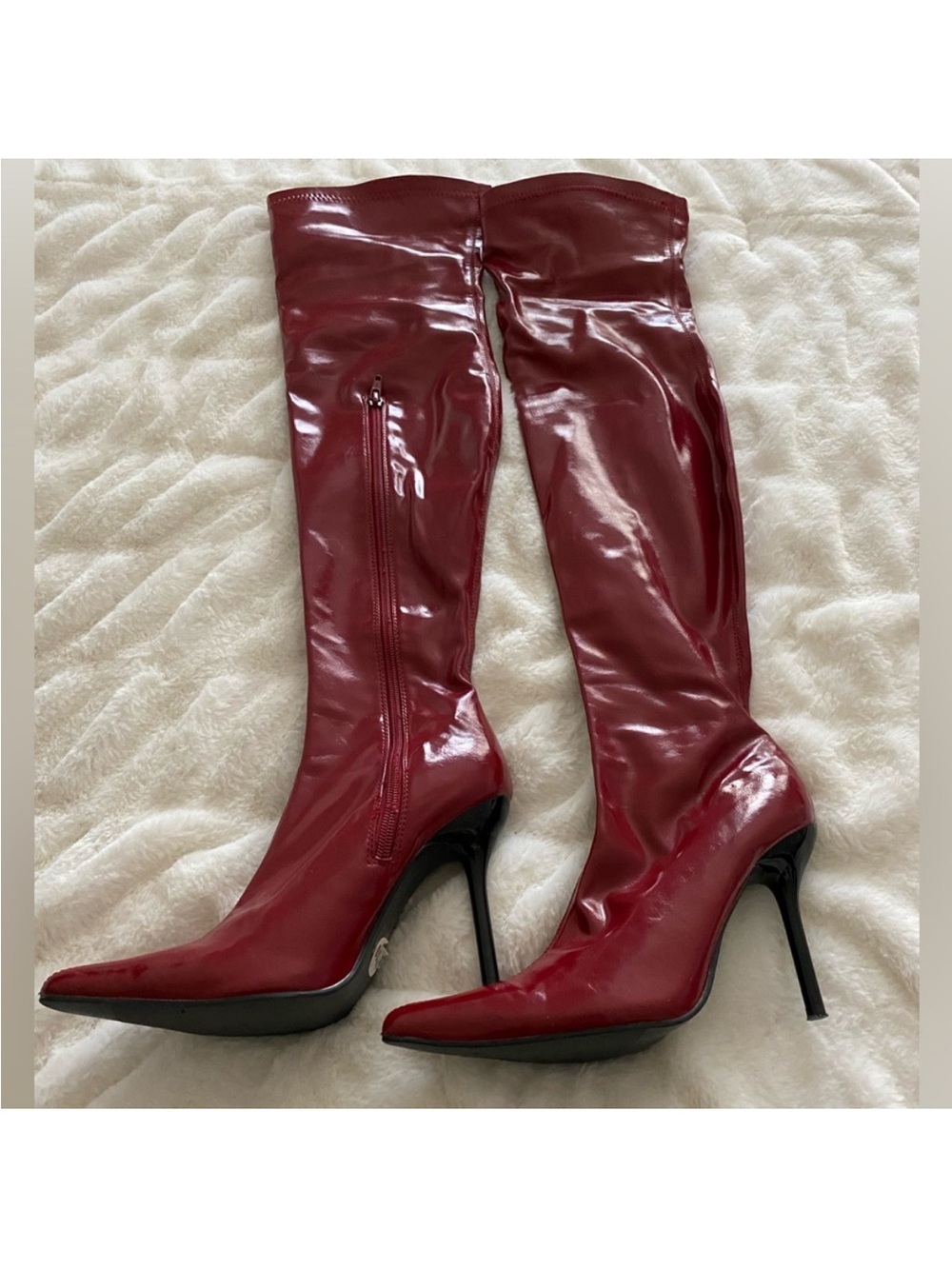 CHROME RED OVER THE KNEE BOOTS, 6 1/2 NEW